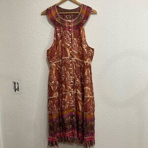 Sundance Button Front Floral Paisley Print Tassel Lined Knee Length Dress Sz M